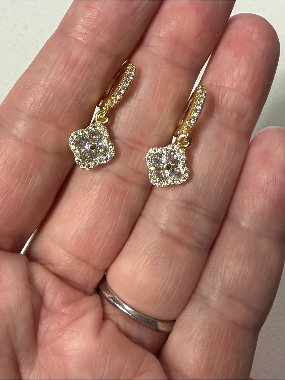 Yellow Gold-Plated Cubic Zirconia Flower/Clover Drop Earrings